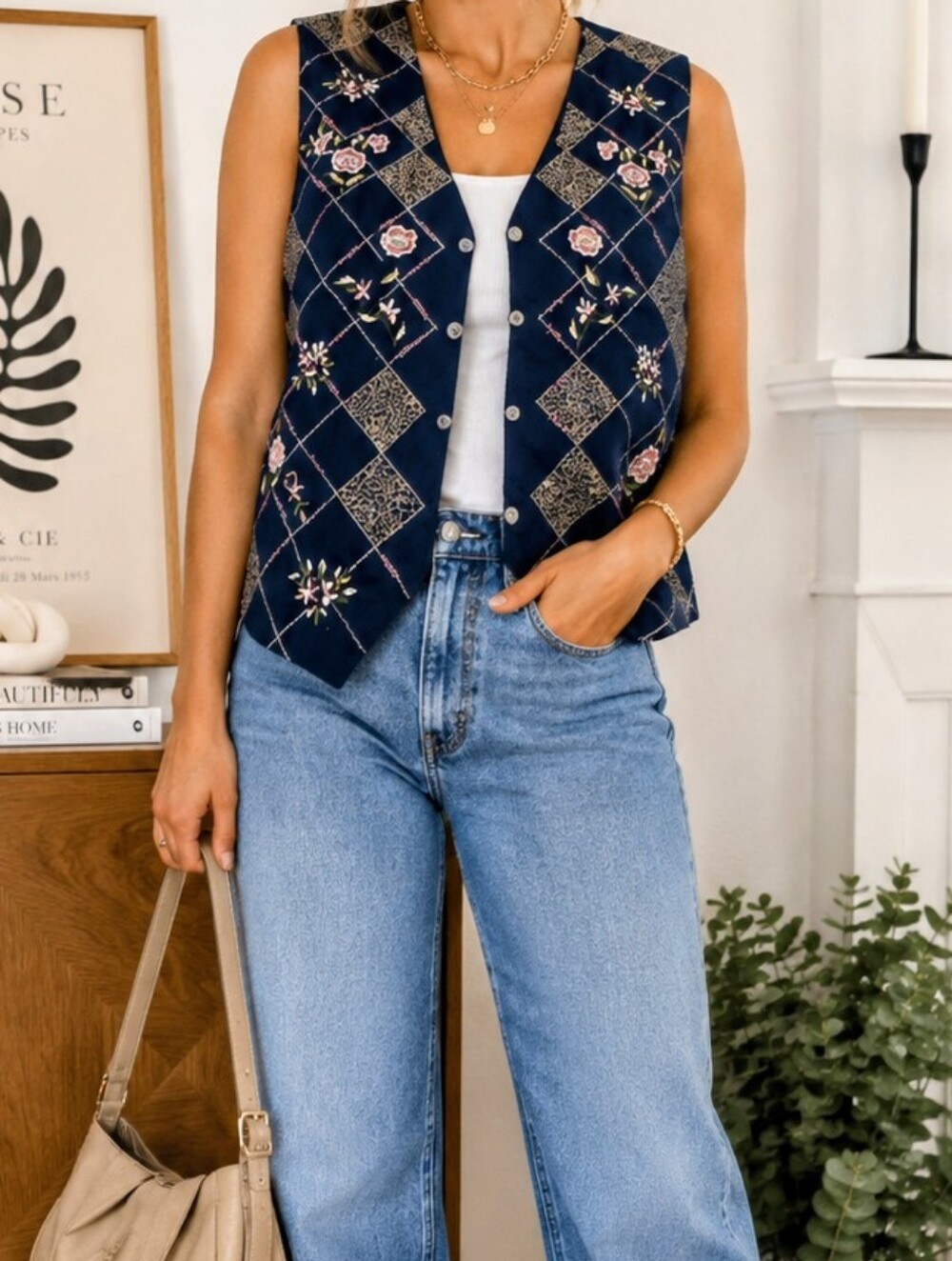 Tantrums vintage Woman's navy blue embroidered floral patchwork vest Size Medium